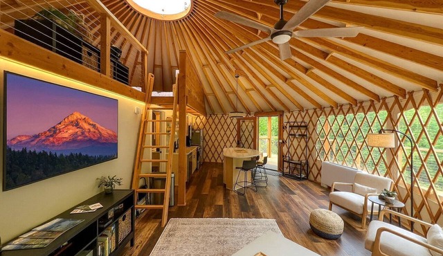 Modern Forest Yurt with Firepit & Skylit Dome near Carson, Washington in Carson